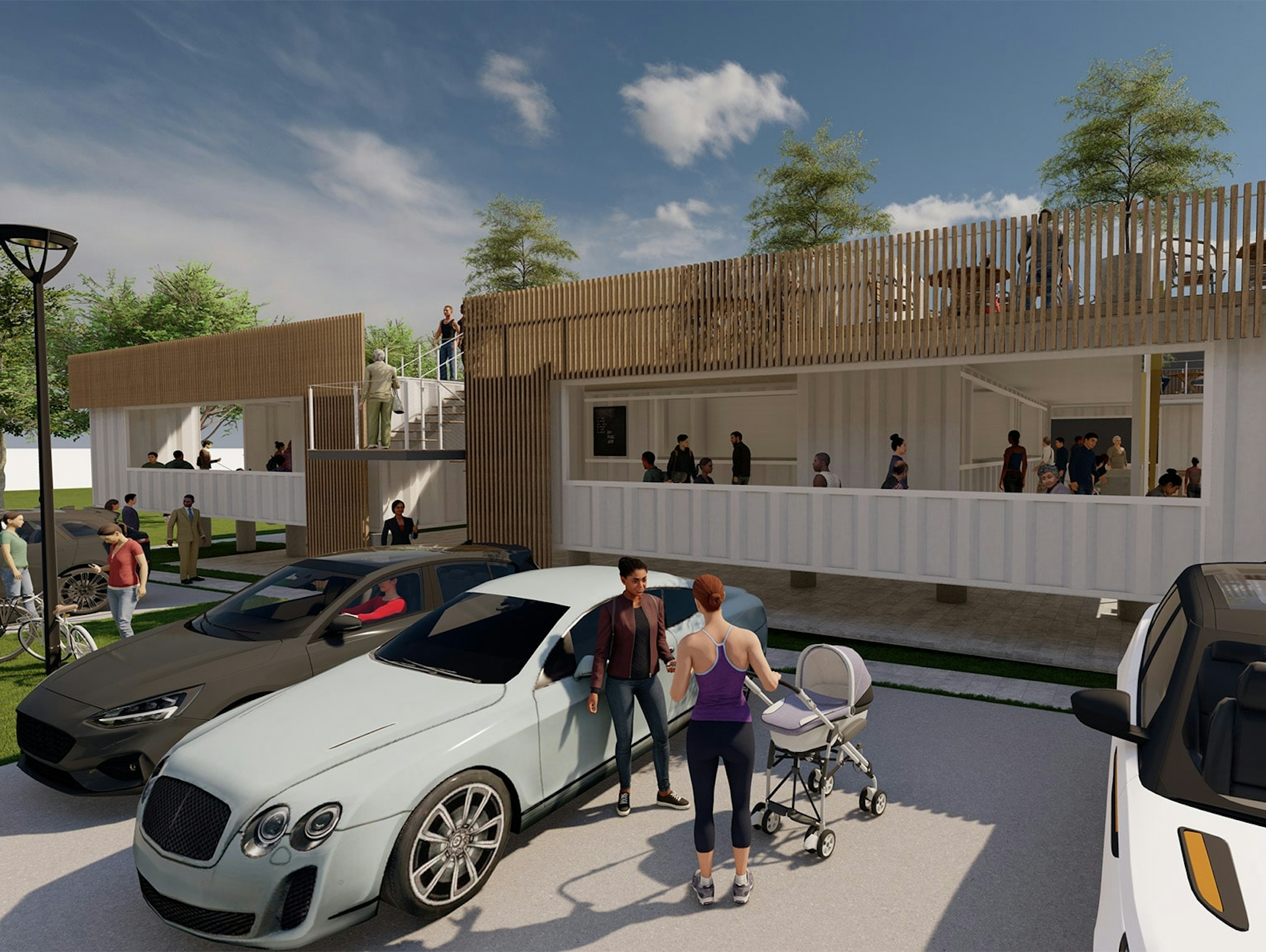 Architectural rendering of the Main Street food hall concept with shipping-container vendor spaces and rooftop seating