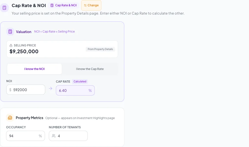 Actual valuation calculator: $592,000 NOI divided by $9,250,000 price gives 6.40% cap rate