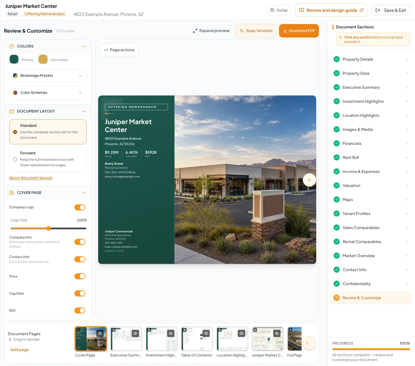 Completed Juniper Market Center offering memorandum cover in Review & Customize with every section checked off.