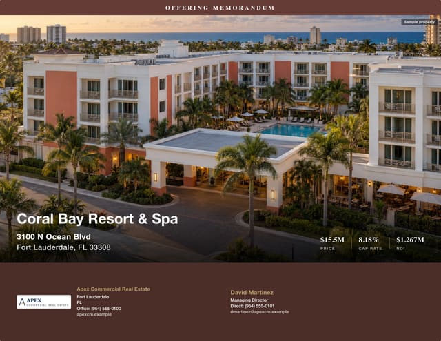Sample Hospitality offering memorandum cover created with CREBuilder