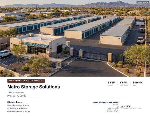 Sample Self-Storage offering memorandum cover created with CREBuilder